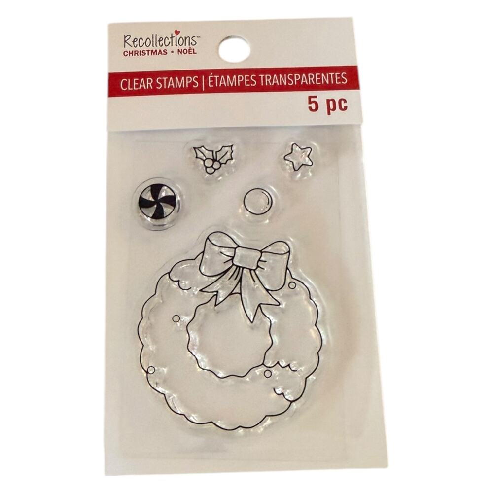Recollections Christmas Holiday Wreath 5 Piece Clear Cling Rubber Stamps